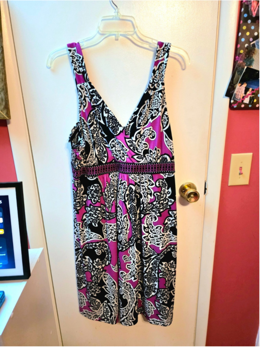 Vintage Y2K Apt 9 Size XL Midi Dress Black purple boho V-Neck Empire Waist